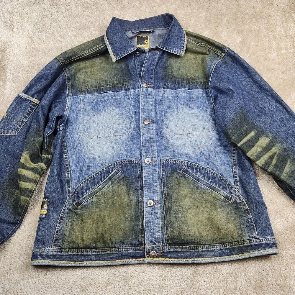 Akademiks Jean Jacket Mens Medium Blue Denim Button Up Long Sleeve Y2K Hiphop